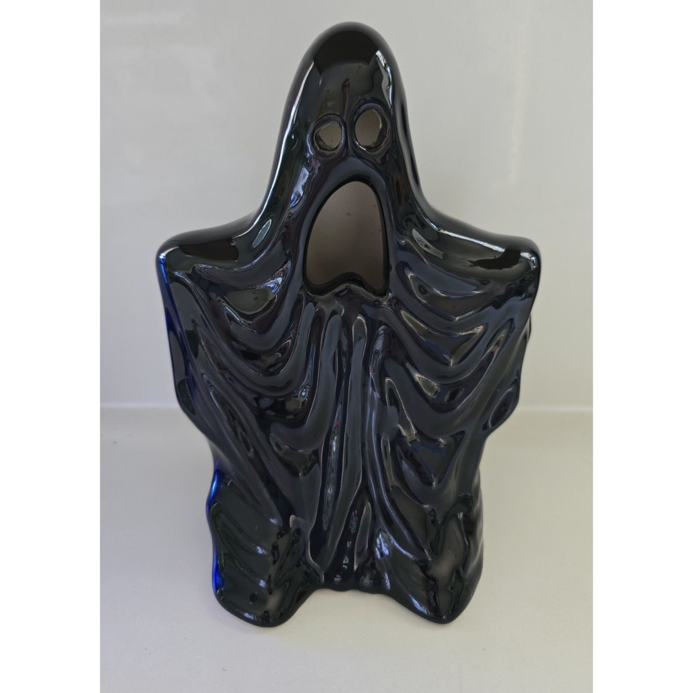 Halloween Ceramic Ghost Tea Light Holder Black 9.25 In Heavy